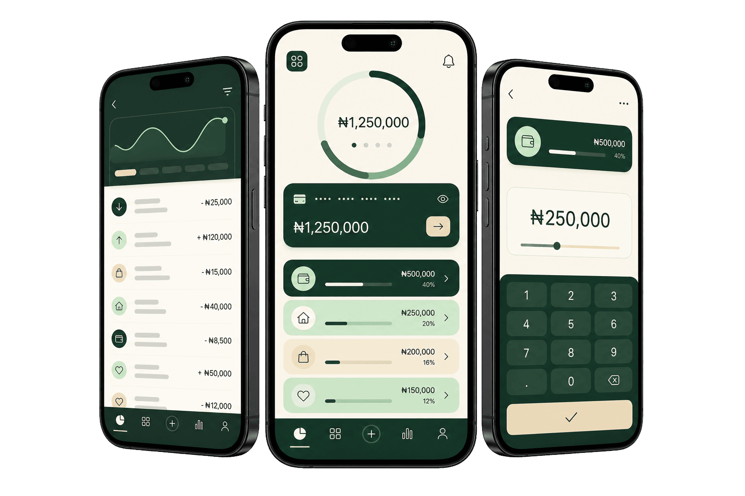 Three Xavault screens showing salary activity, wallet balance, and envelope allocation